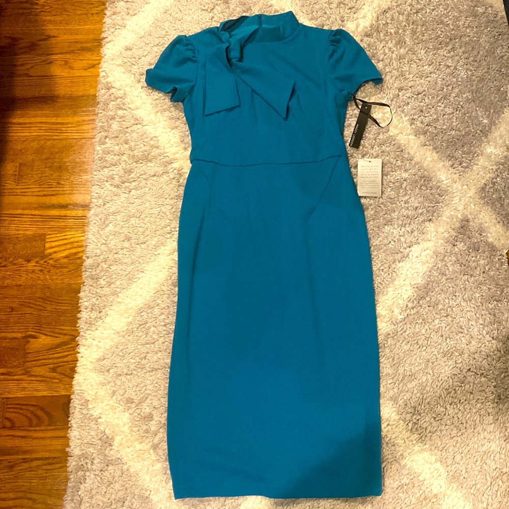 NWT Maggy London Tie Neck Puff Sleeve Scuba Crepe Dress, Size 2
